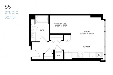 Floor plan for studio, 1 bath, 527 sqft